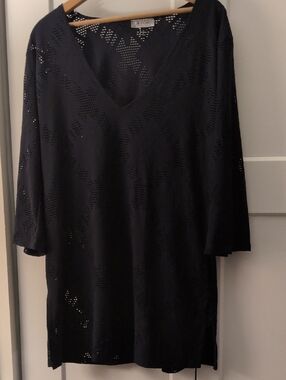 Navy Blue Perforated Bathing Suit Cover Up